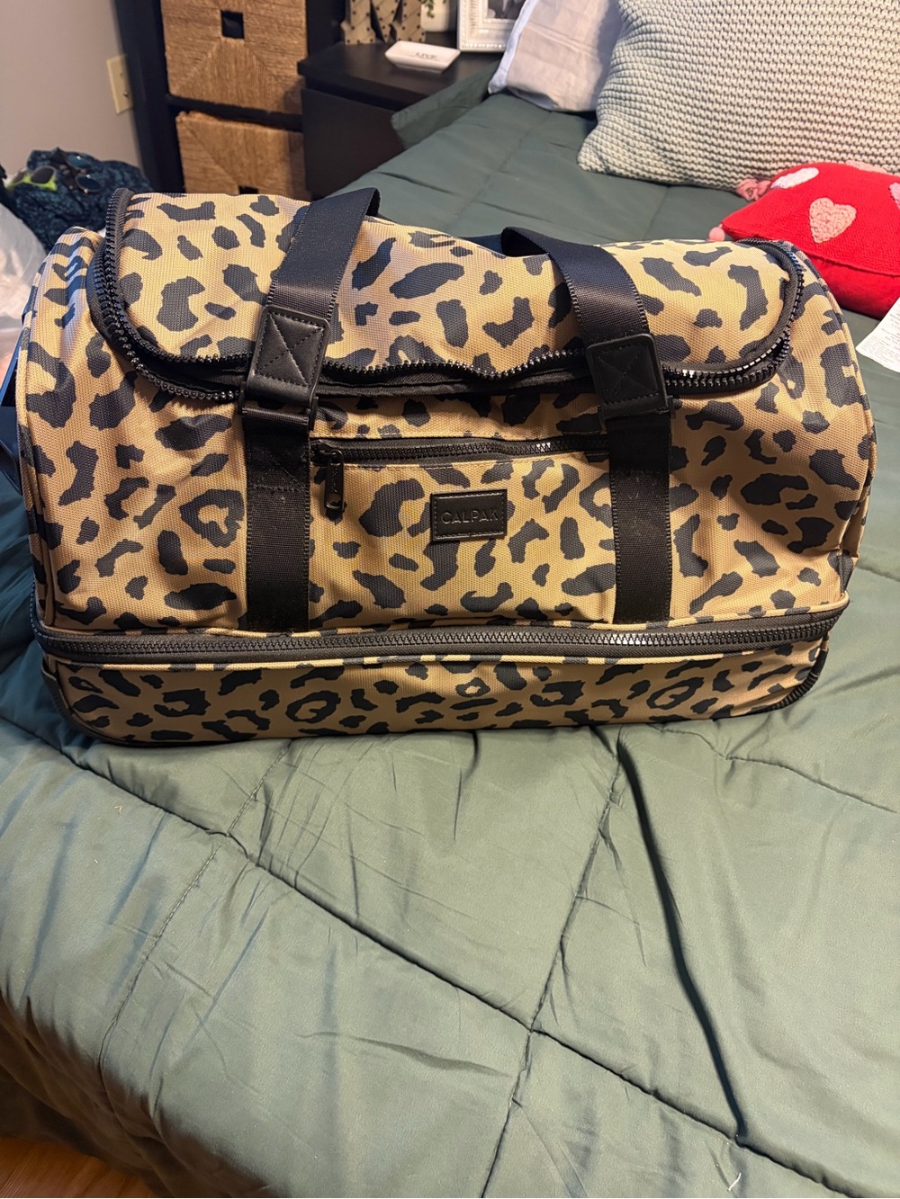 Calpak Leopard Print Travel Bag with wheels and handle- Tan/Black